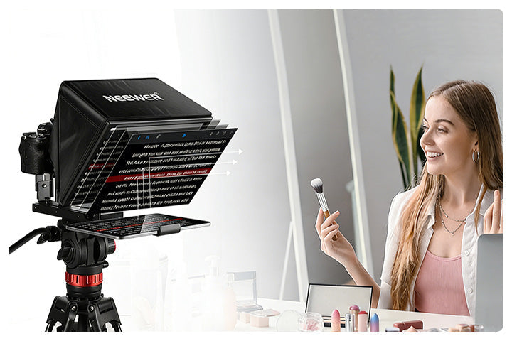 A girl is using the teleprompter and is pretty confident