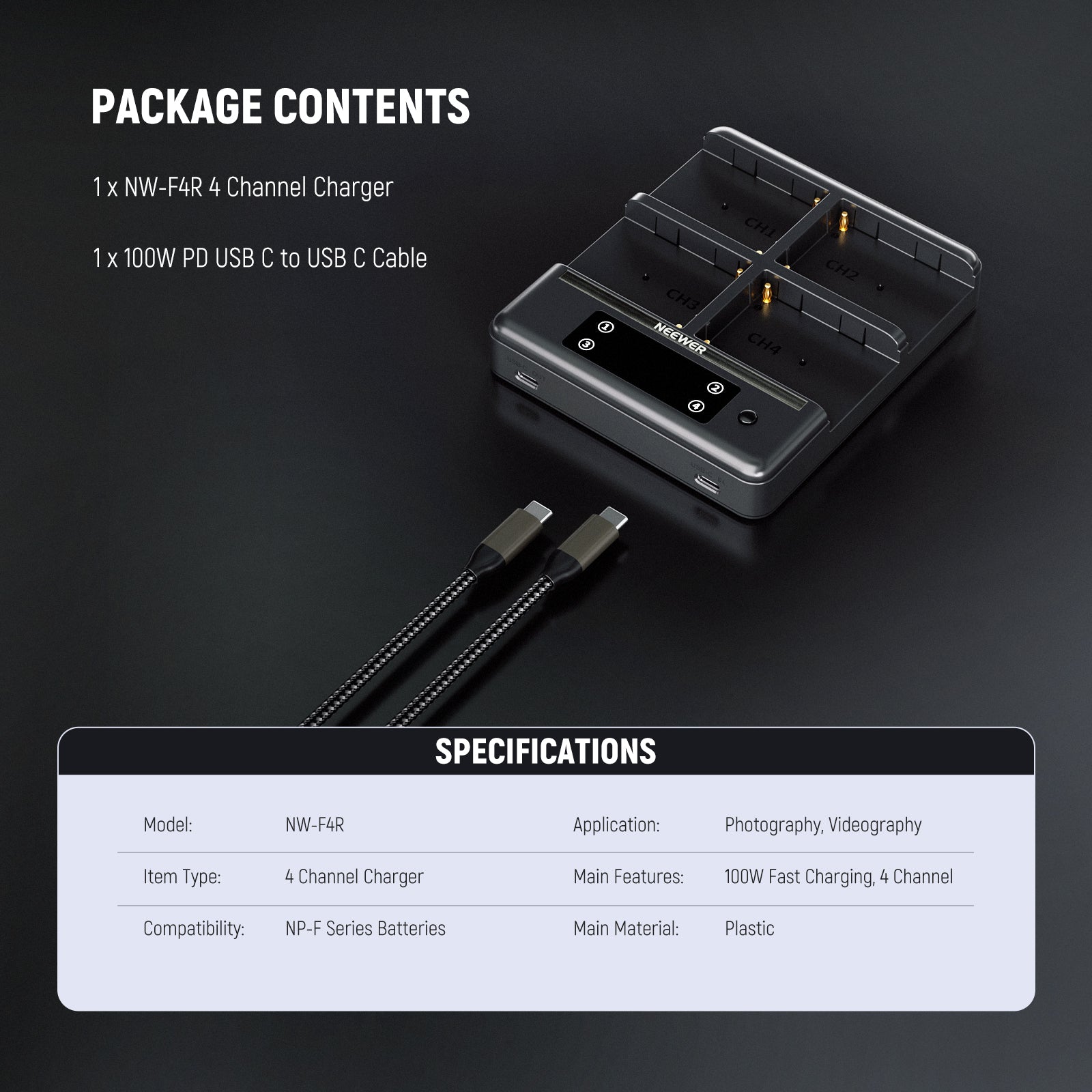 Package Contents of the NEEWER NW-F4R 4 Channel Charger