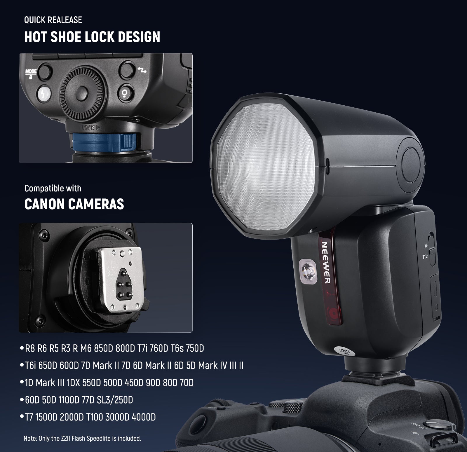 NEEWER Z2II Round Head Flash Speedlite features QR hot shoe lock design.