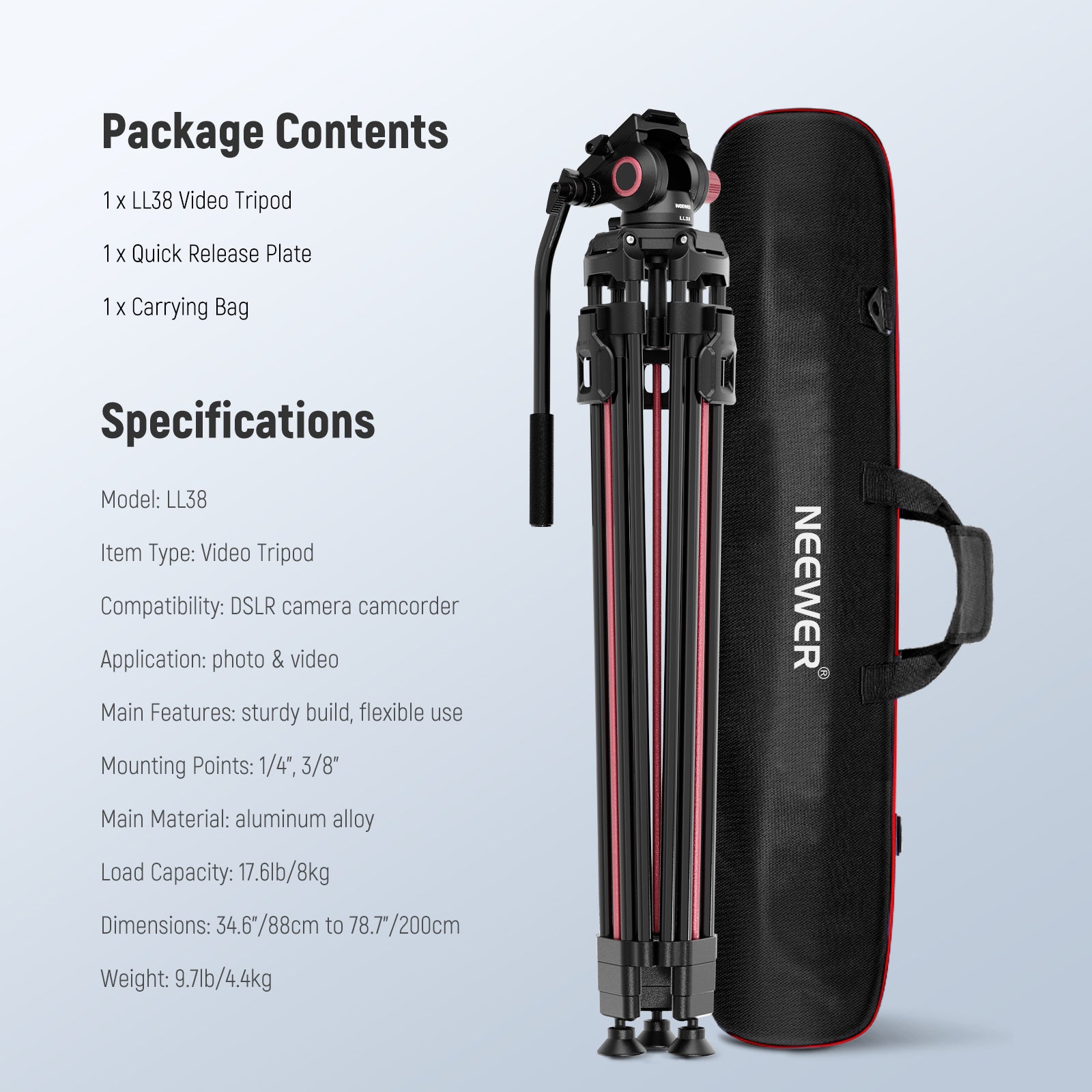 Package Contents of the NEEWER LL38 Professional Video Tripod