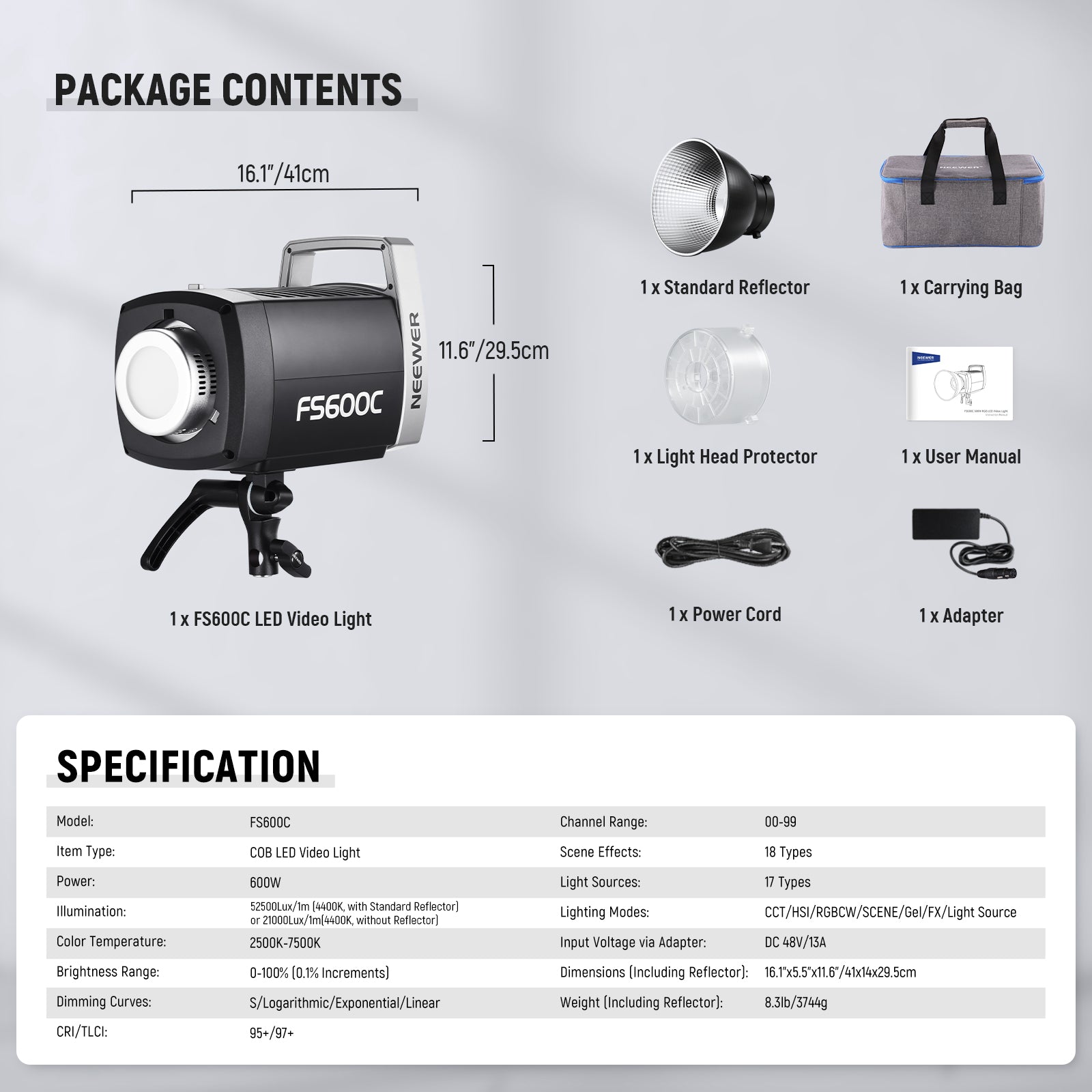 Package Contents of the NEEWER FS600C RGB LED Video Light