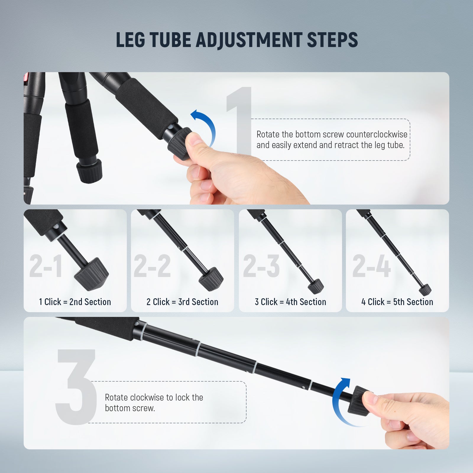 Leg tube adjustment steps of the NEEWER M521 Aluminum Alloy Mini Tripod