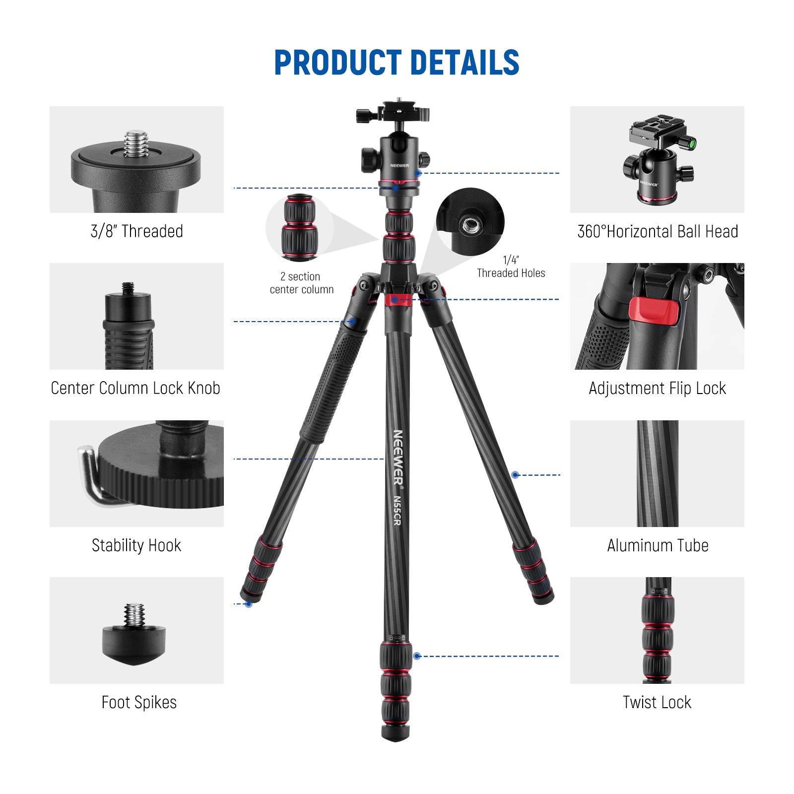 Product details of the NEEWER N55CR Carbon Fiber Tripod