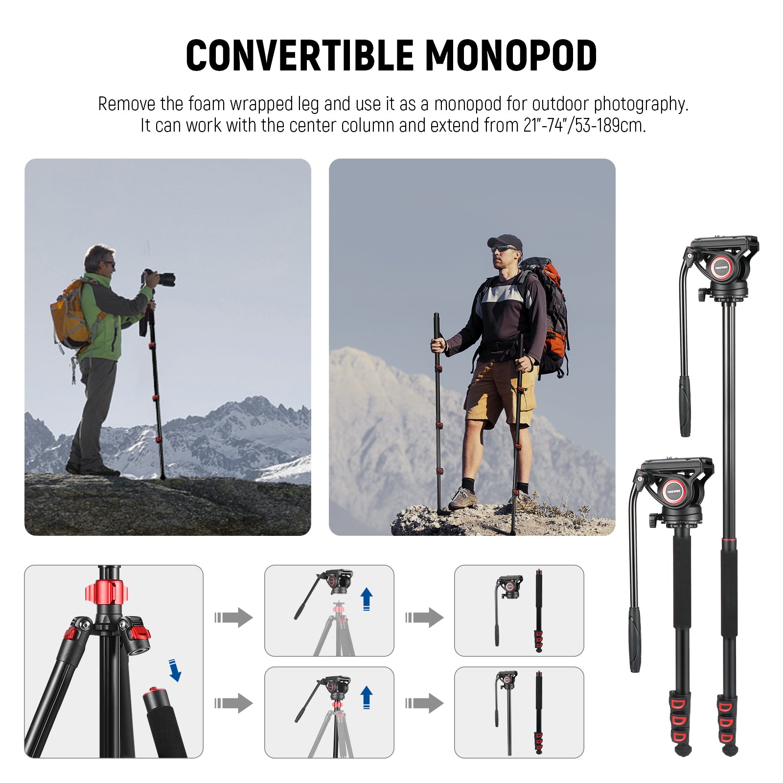 NEEWER TP72A Fluid Head Video Tripod can be used as a monopod for outdoor photography.