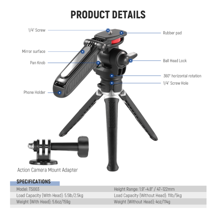 Product details of the NEEWER TS003 Mini Tripod