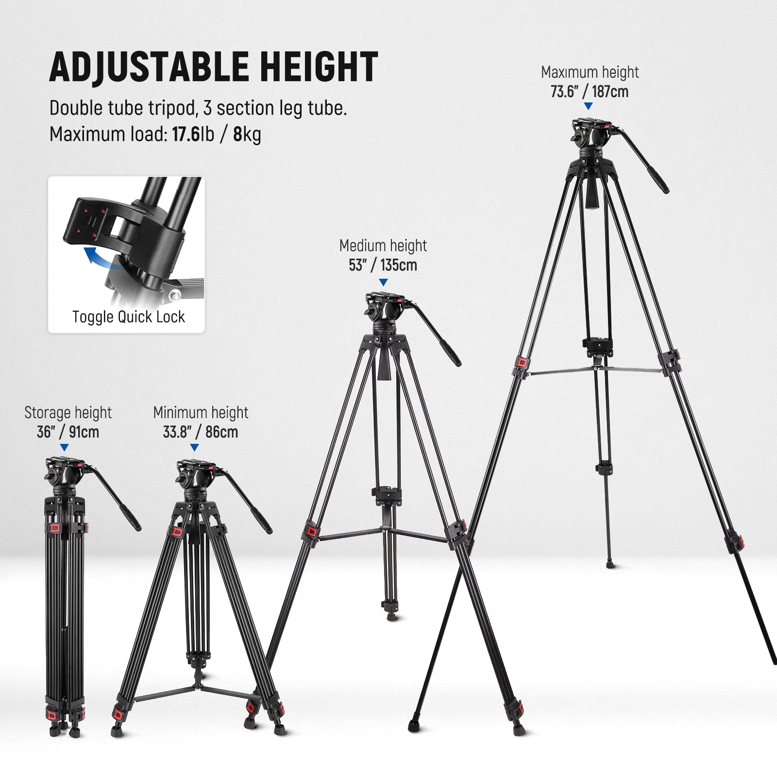 NEEWER TP74 Pro Video Tripod can be extended from 36" to 73.6"