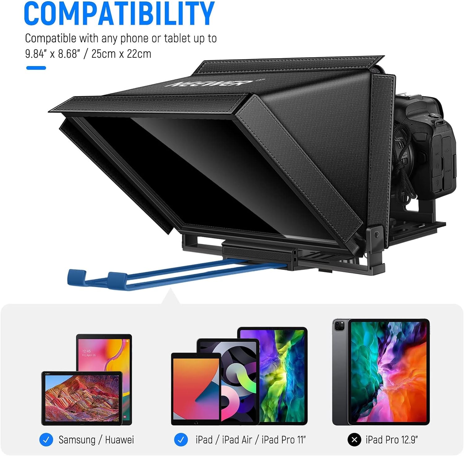 This teleprompter is compatible with iPad.