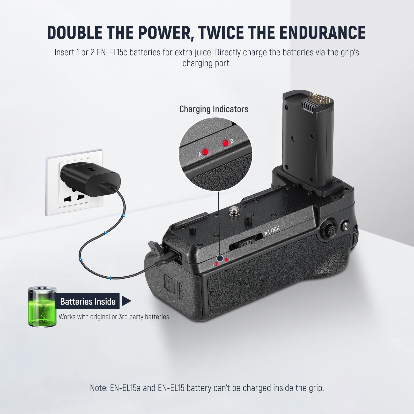 Batteries can be charged inside the battery grip via a USB Type C cable