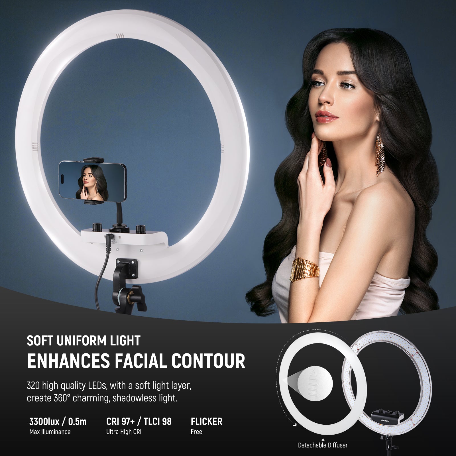 NEEWER RP18B Pro Ring Light Kit enhances facial contour.