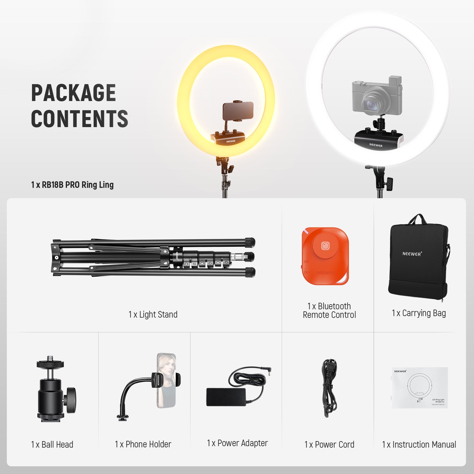 Package Contents of the NEEWER RP18B Pro Ring Light Kit