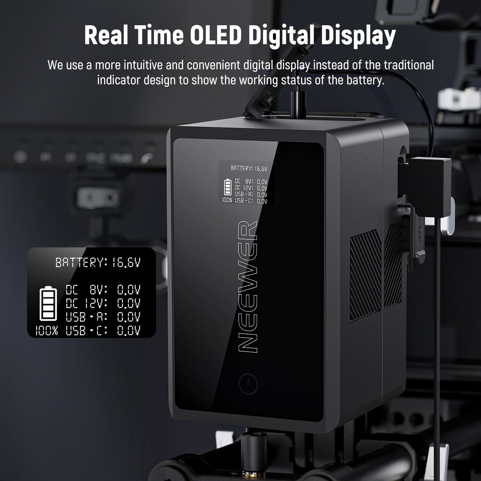 NEEWER PS150E Small V Mount Battery features a real time visible display.
