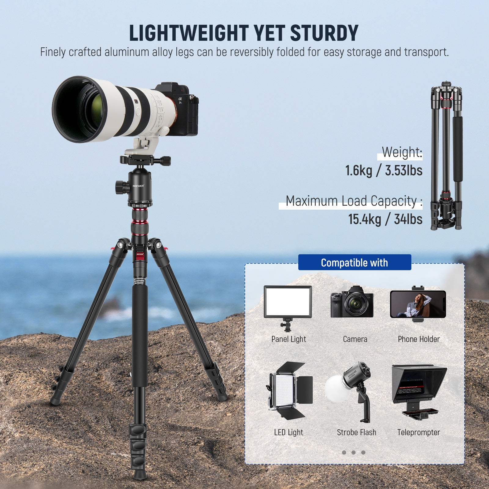 NEEWER TP77 Aluminum Alloy Camera Tripod is lightweight yet sturdy.