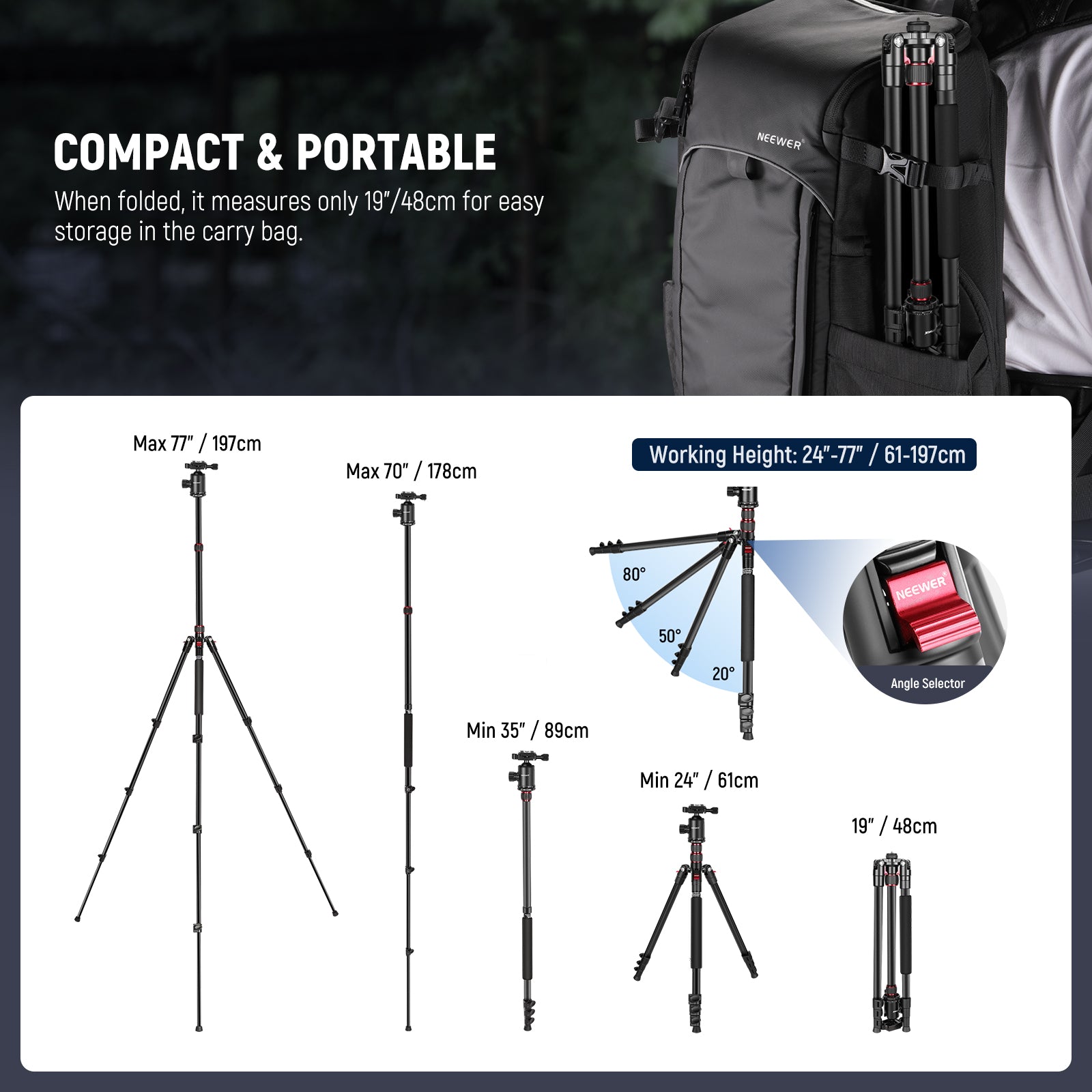 NEEWER TP77 Aluminum Alloy Camera Tripod is compact and portable.