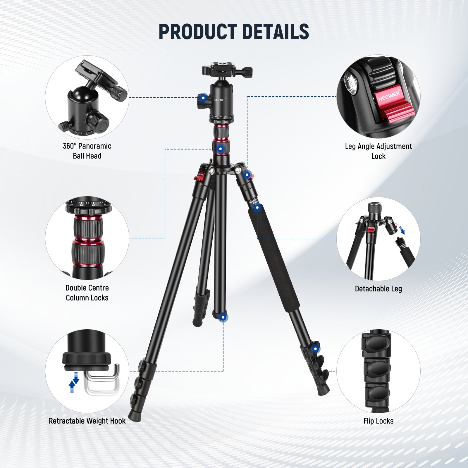 Product details of the NEEWER TP77 Aluminum Alloy Camera Tripod