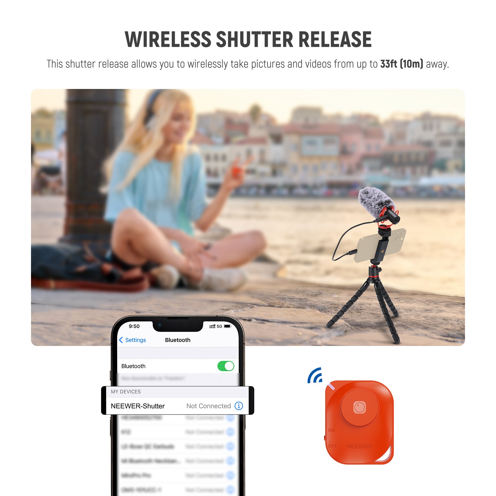 NEEWER T72 Flexible Mini Phone Tripod kit includes a Bluetooth shutter release to trigger afar