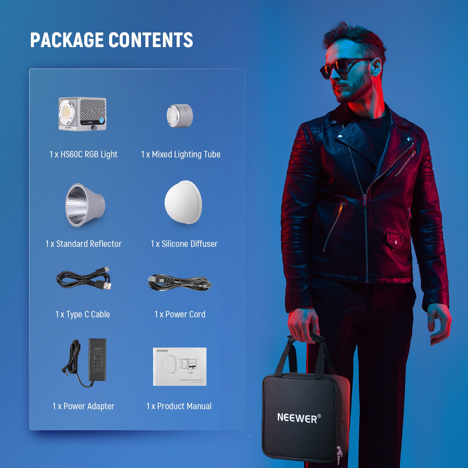 Package Contents of the NEEWER HS60C Portable LED Video Light