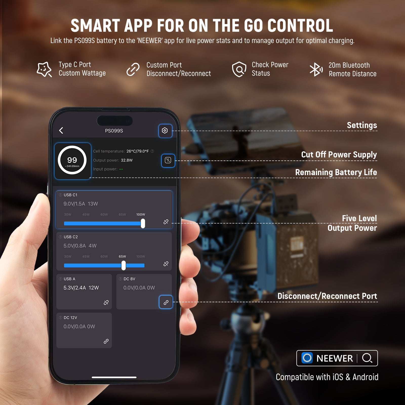 Connect the PS099S V mount battery to the 'NEEWER' app to view real time input and output power levels