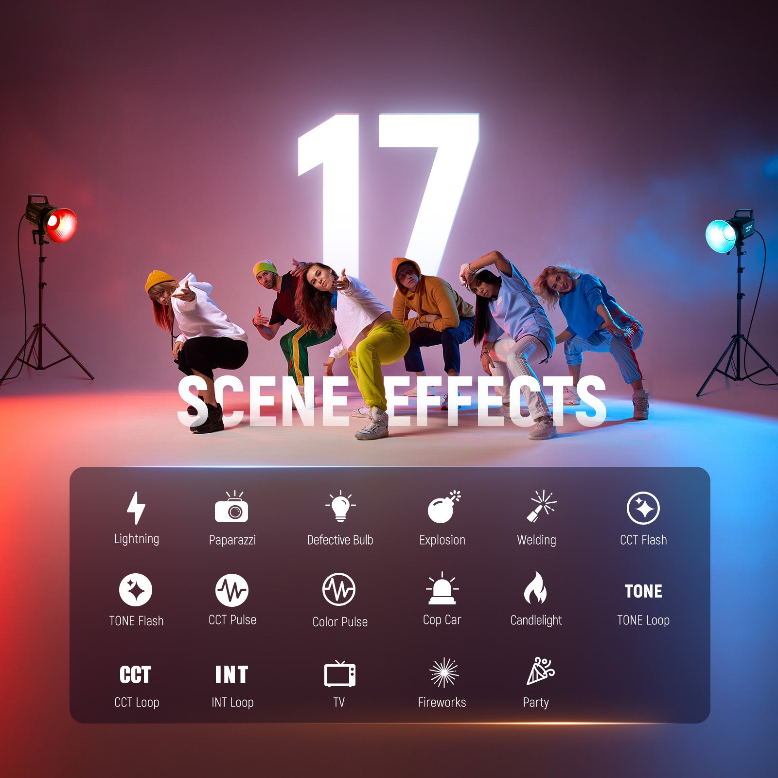 NEEWER FS150C RGB LED Video Light features 17 scene effects.