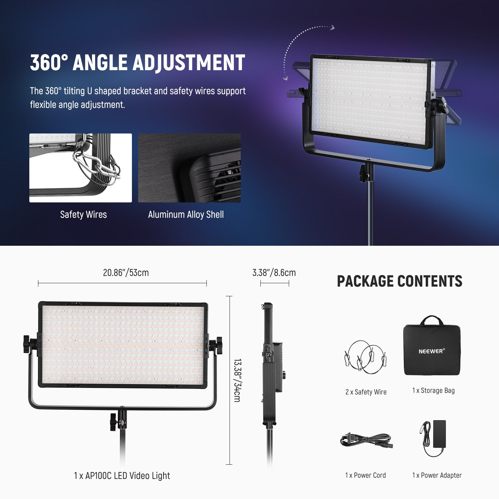 Package Contents of the NEEWER AP100C 105W RGB LED Panel Light