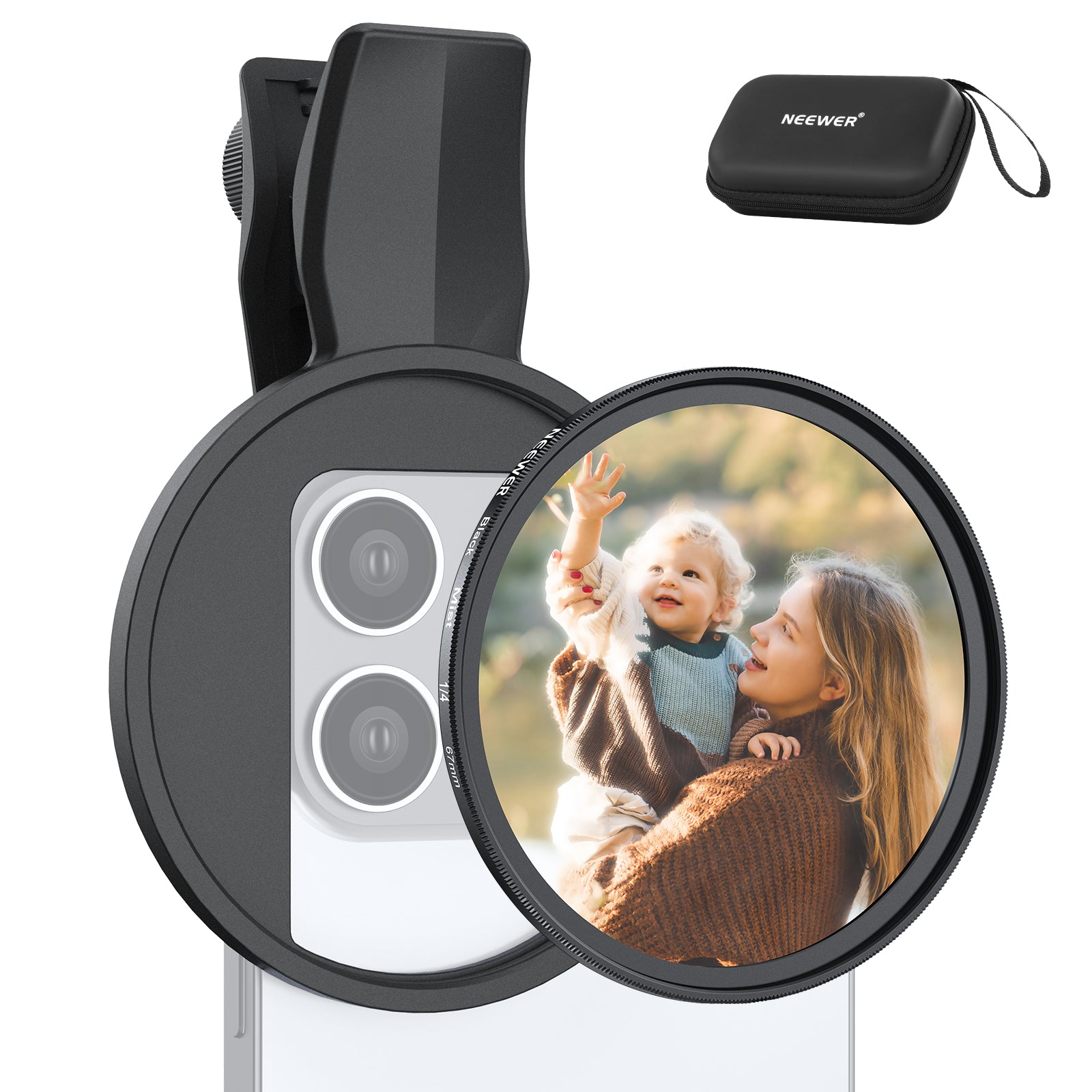 NEEWER FL-B24 67mm Black Diffusion 1/4 Filter with Clip For iPhone