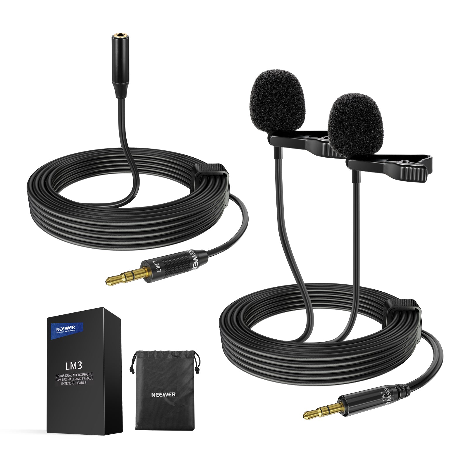 NEEWER LM3 Wired Dual Lavalier Microphones with 13ft 3.5mm TRS Extension Cable