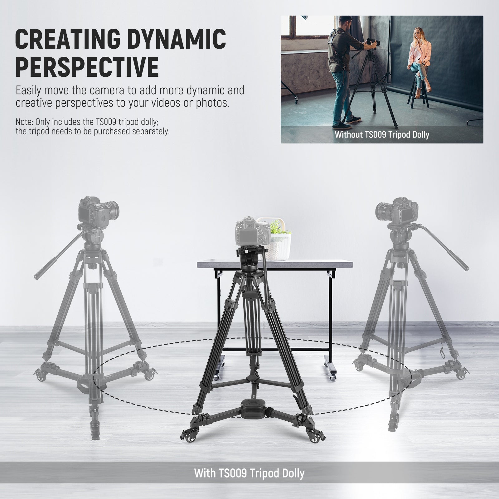 NEEWER TS009 Photography Tripod Dolly creates dynamic perspective.
