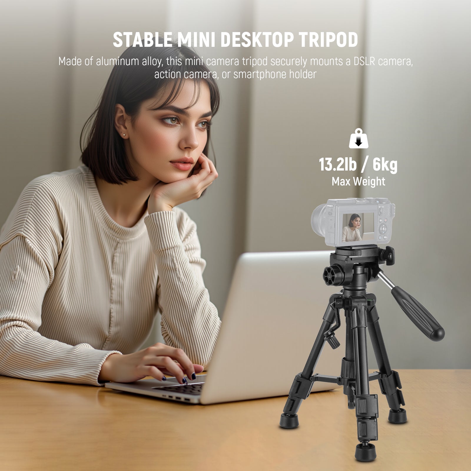 Made of aluminum alloy, this mini camera tripod securely mounts a DSLR camera