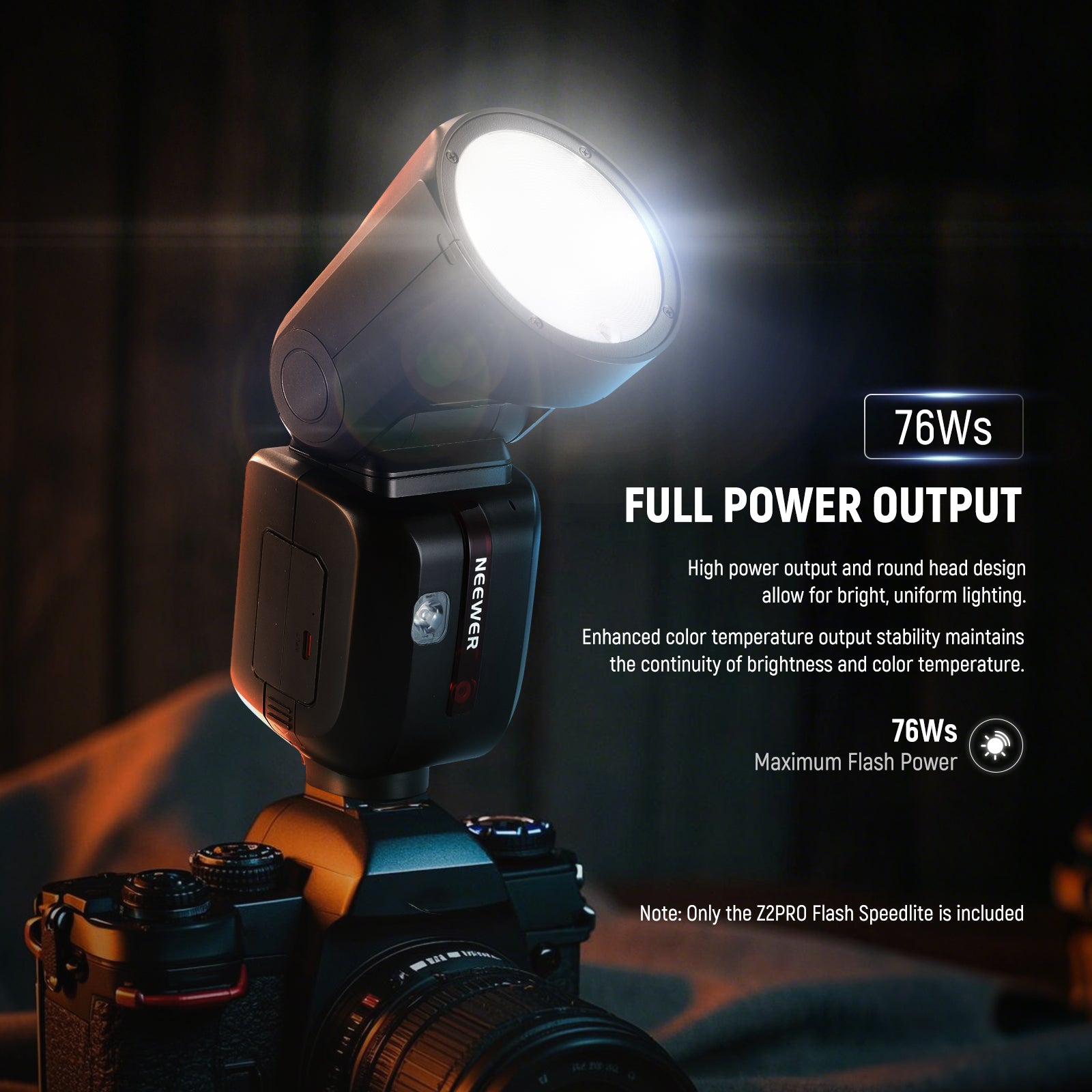 NEEWER Z2PRO-S Round Head Speedlite Flash delivers a robust 76Ws output