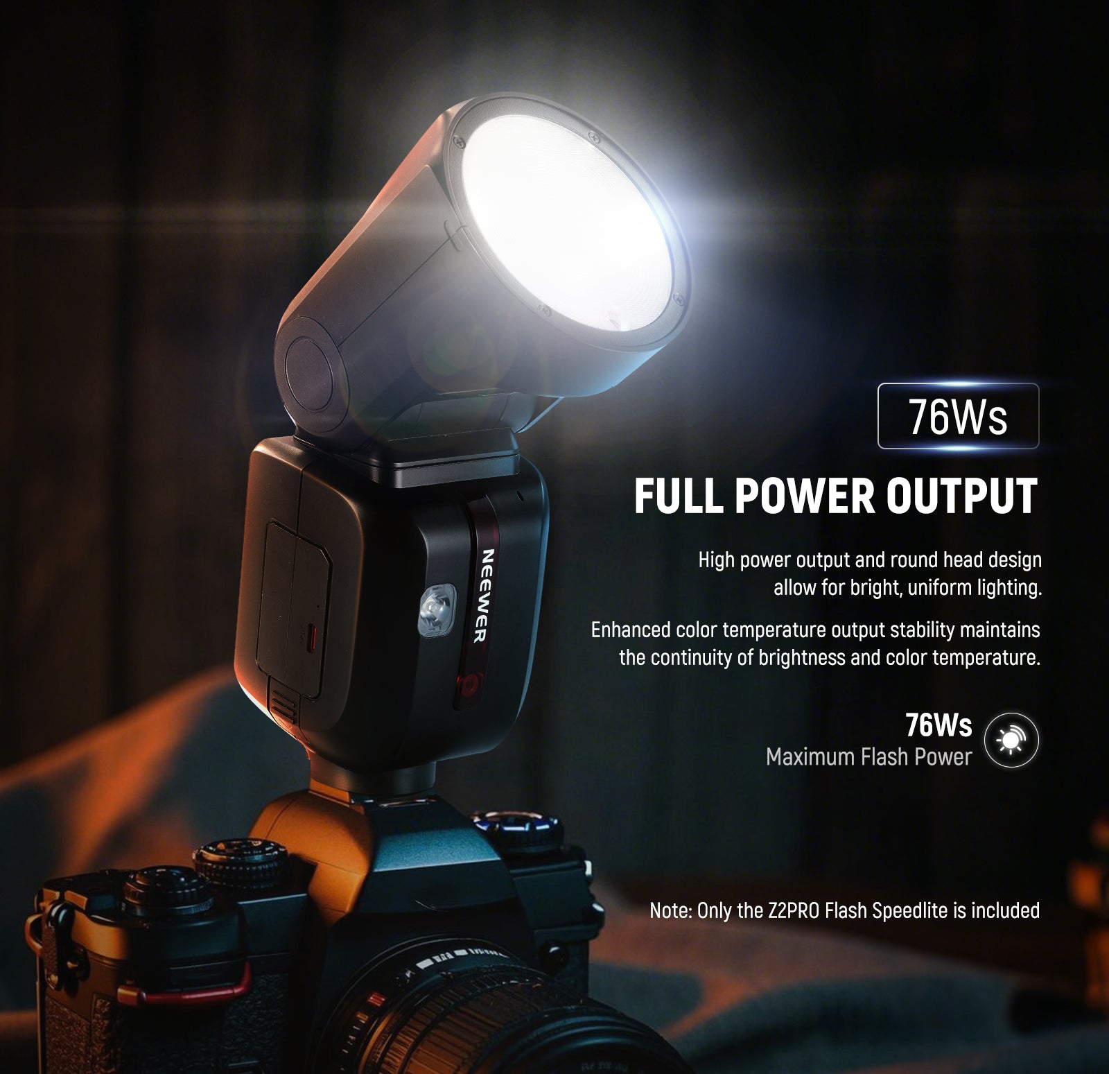 NEEWER Z2PRO-S Round Head Speedlite Flash delivers a robust 76Ws output
