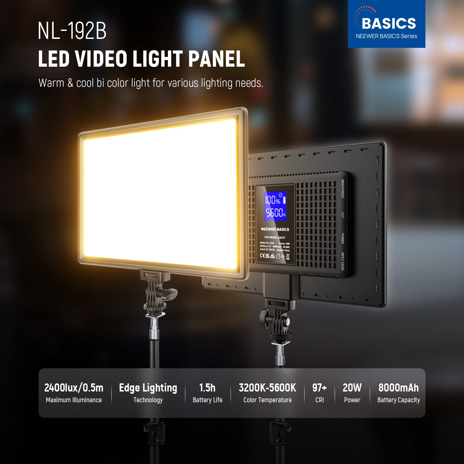 NEEWER NL-192B Bi Color LED Video Panel Light delivers up to 2400lx/0.5m