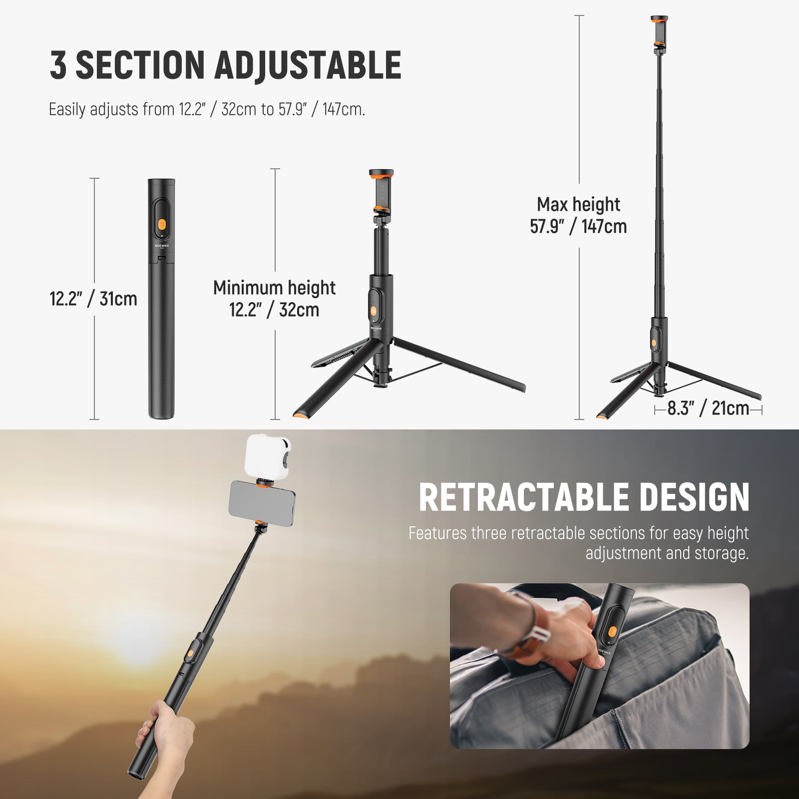 NEEWER PA992 Quick Release Selfie Stick Tripod for Phone features the retractable design.