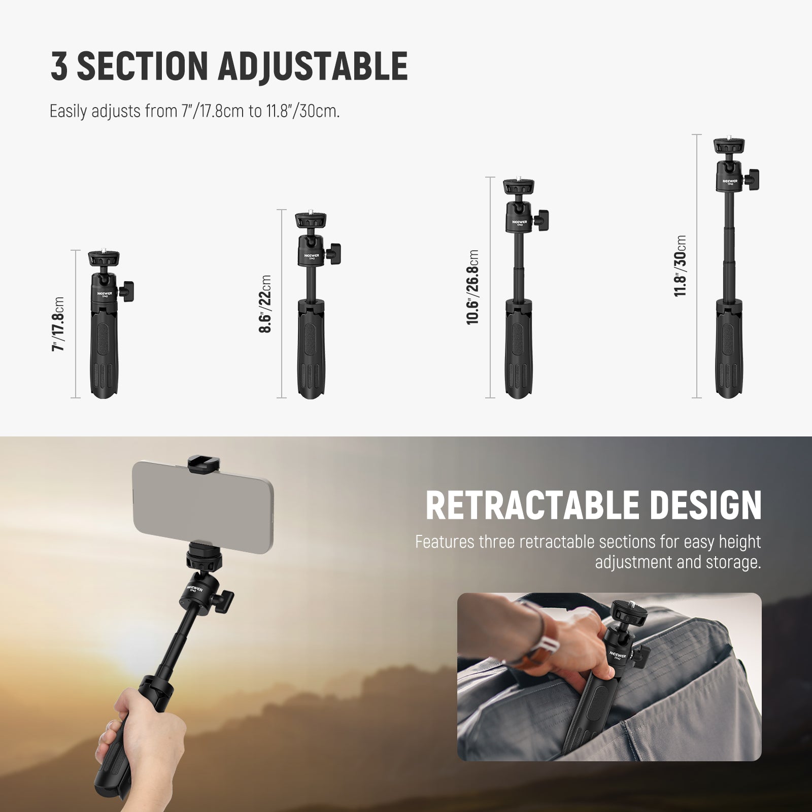 NEEWER TP43 Black Mini Desktop Tripod is easily adjusted.