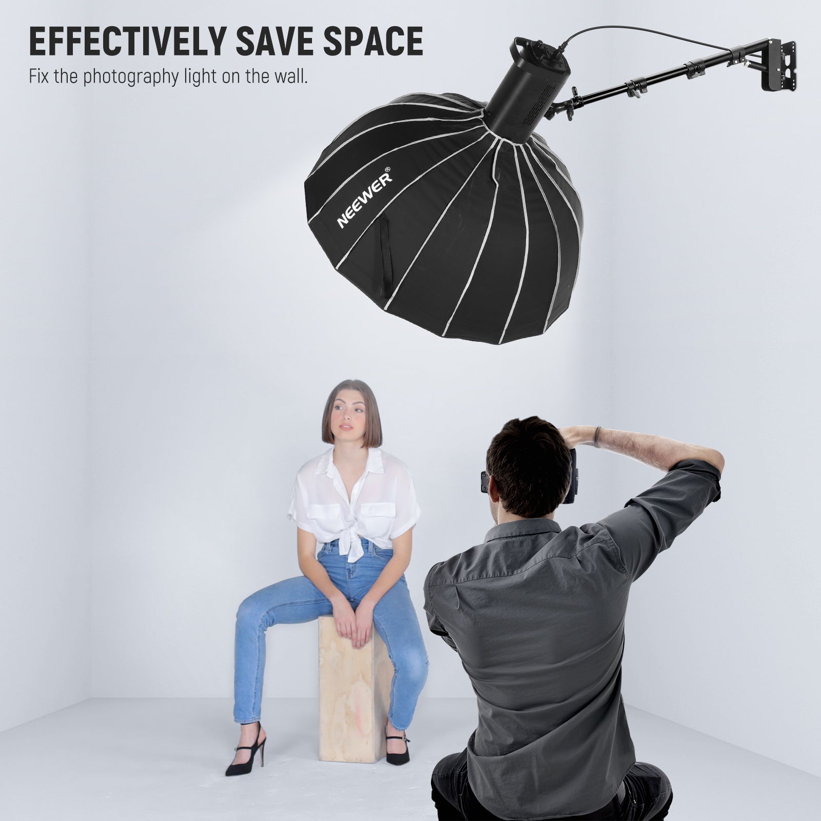 NEEWER WB-100 116cm Triangle Wall Mounting Boom Arm can fix the photography light on the wall.