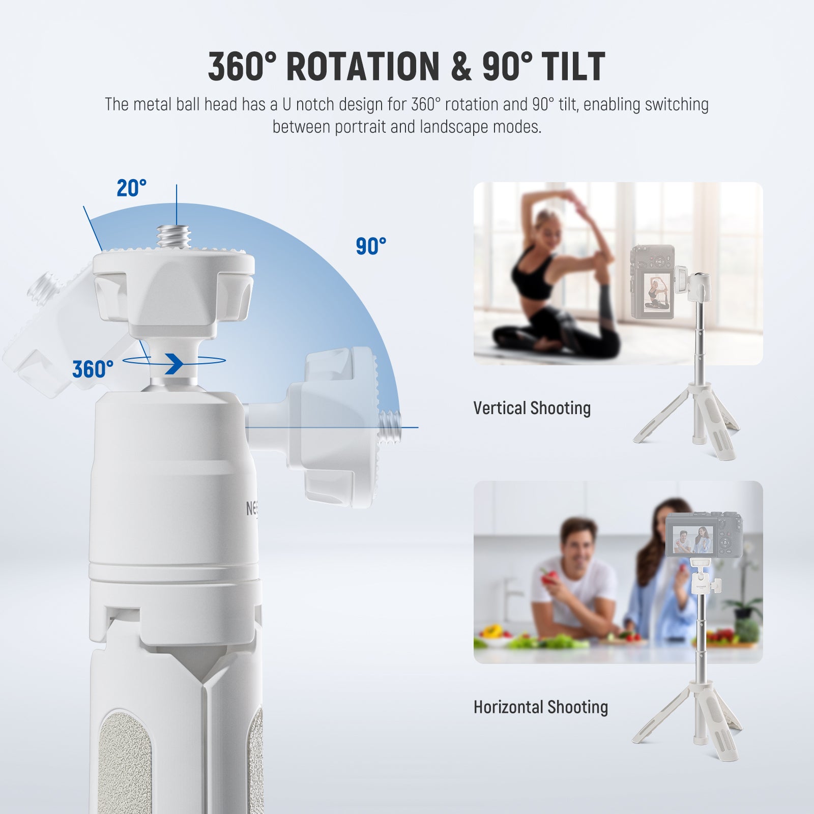 NEEWER TP43 Mini Desktop Tripod allows for 360° horizontal and 90° vertical rotation