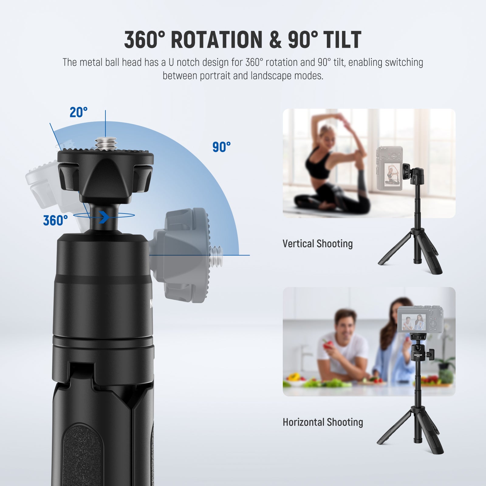 NEEWER TP43 Black Mini Desktop Tripod allows for 360° otationl and 90° tilt