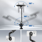 The cell phone tripod mount features a dual axis design, allowing for 360° rotation and 180° tilt.