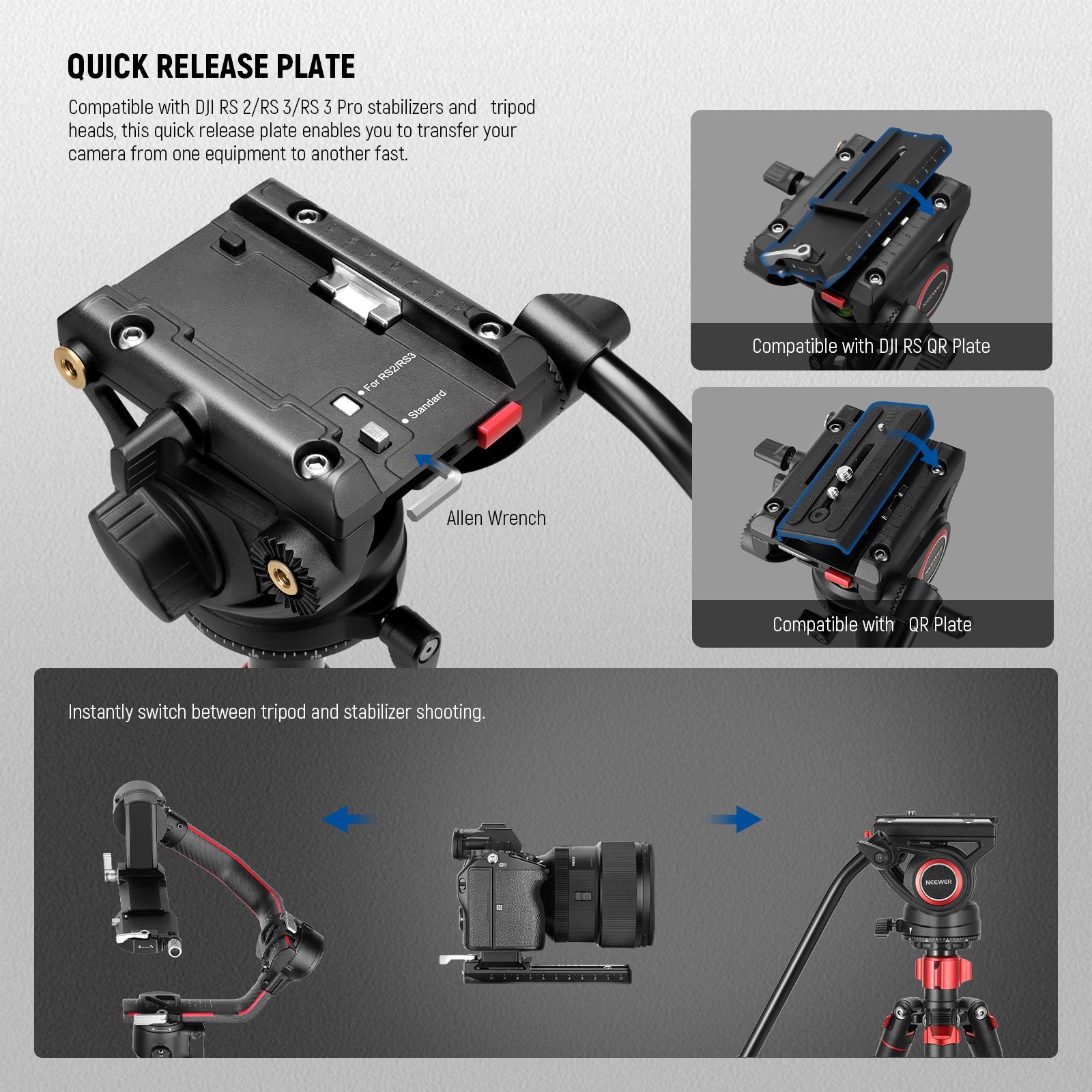 NEEWER TP72A Fluid Head Video Tripod Monopod features dual quick release modes.