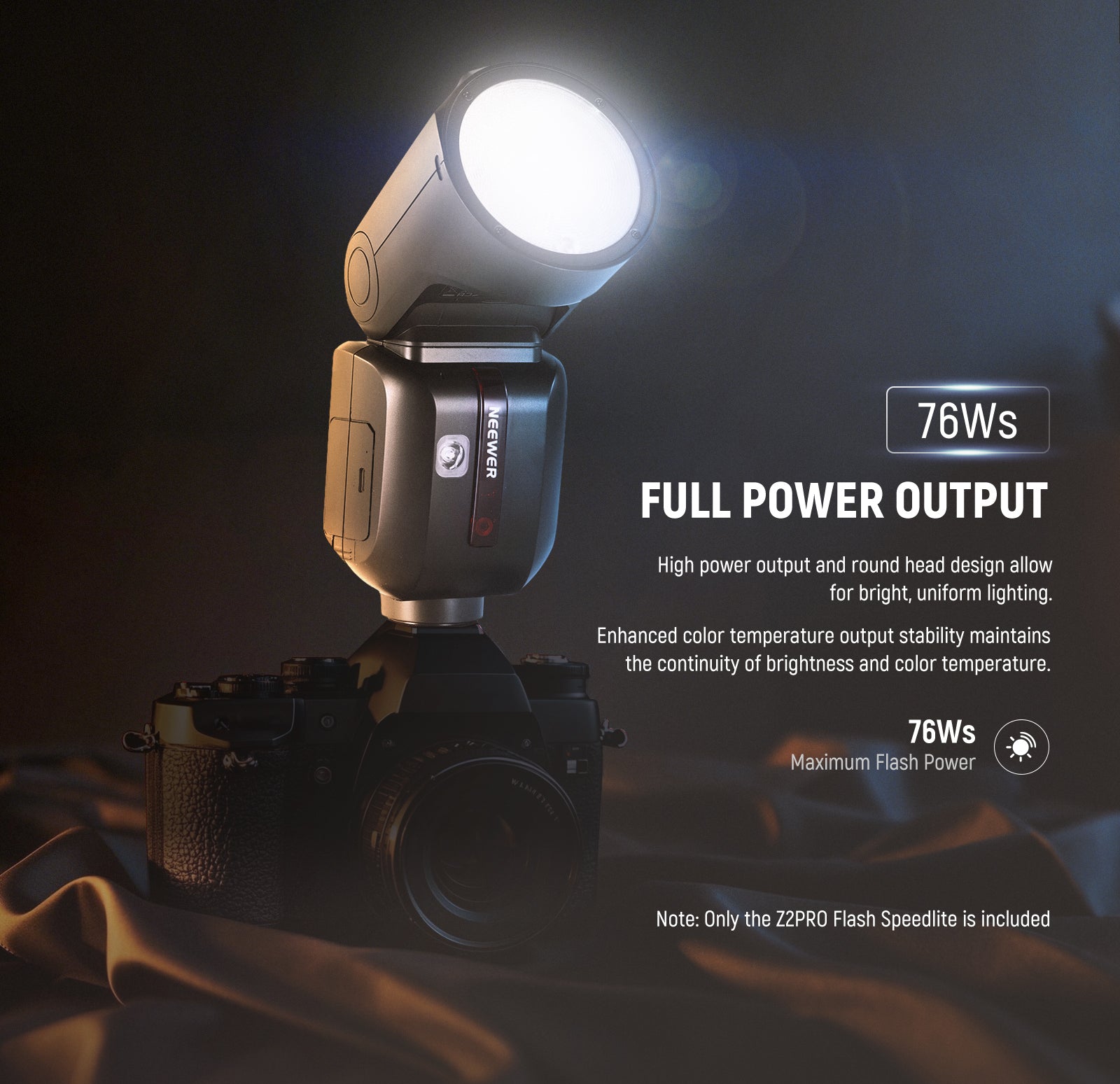 NEEWER Z2PRO-F Round Head Speedlite Flash delivers a robust 76Ws output