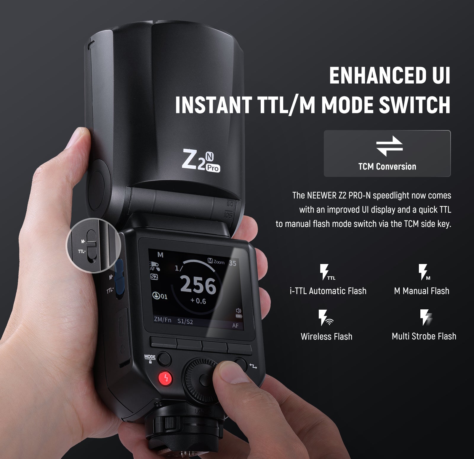 NEEWER Z2PRO-N Round Head Speedlite Flash features an enhancend UI display.