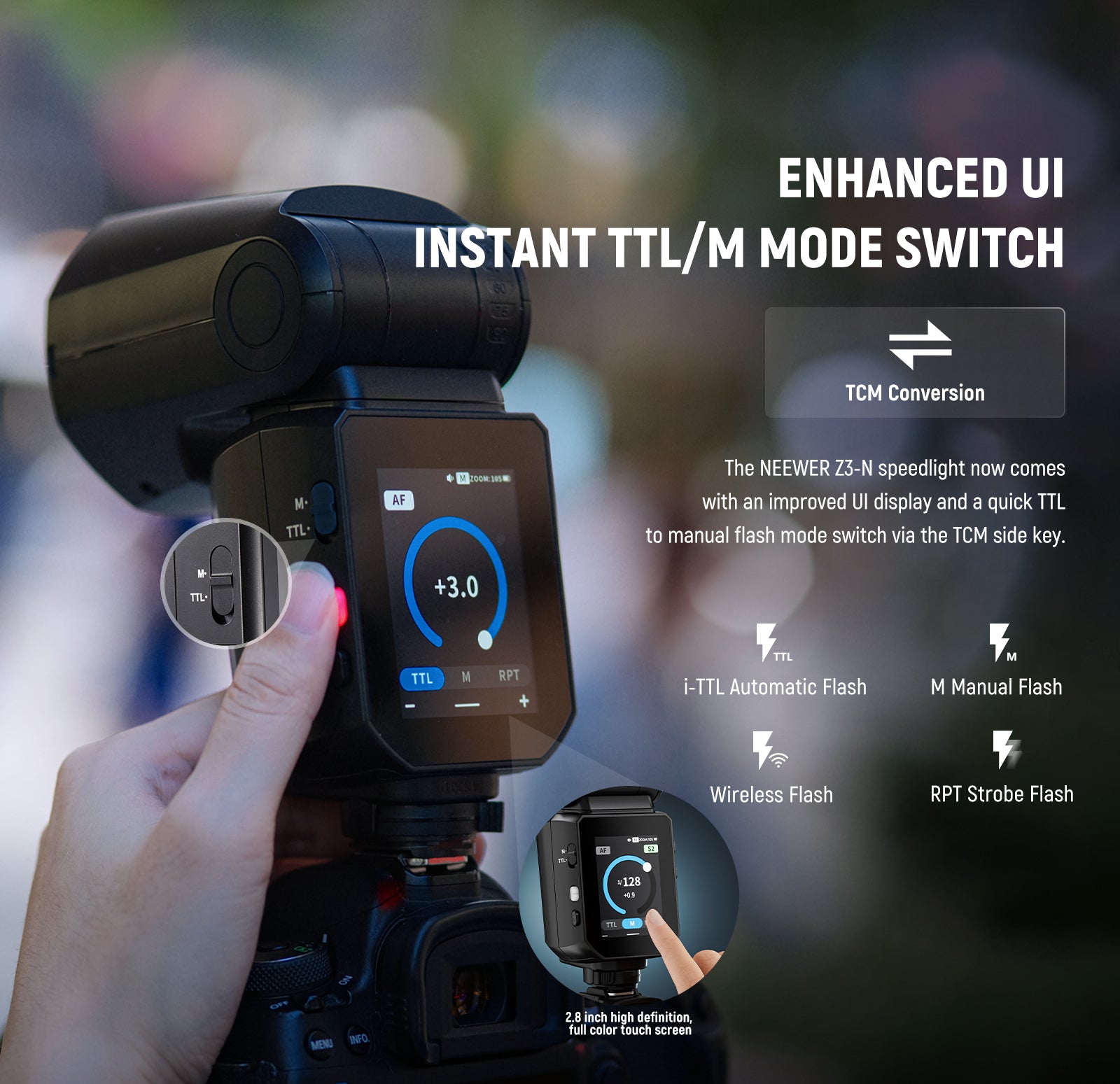 NEEWER Z3-N 100Ws TTL Flash Speedlite comes with an improved UI display.