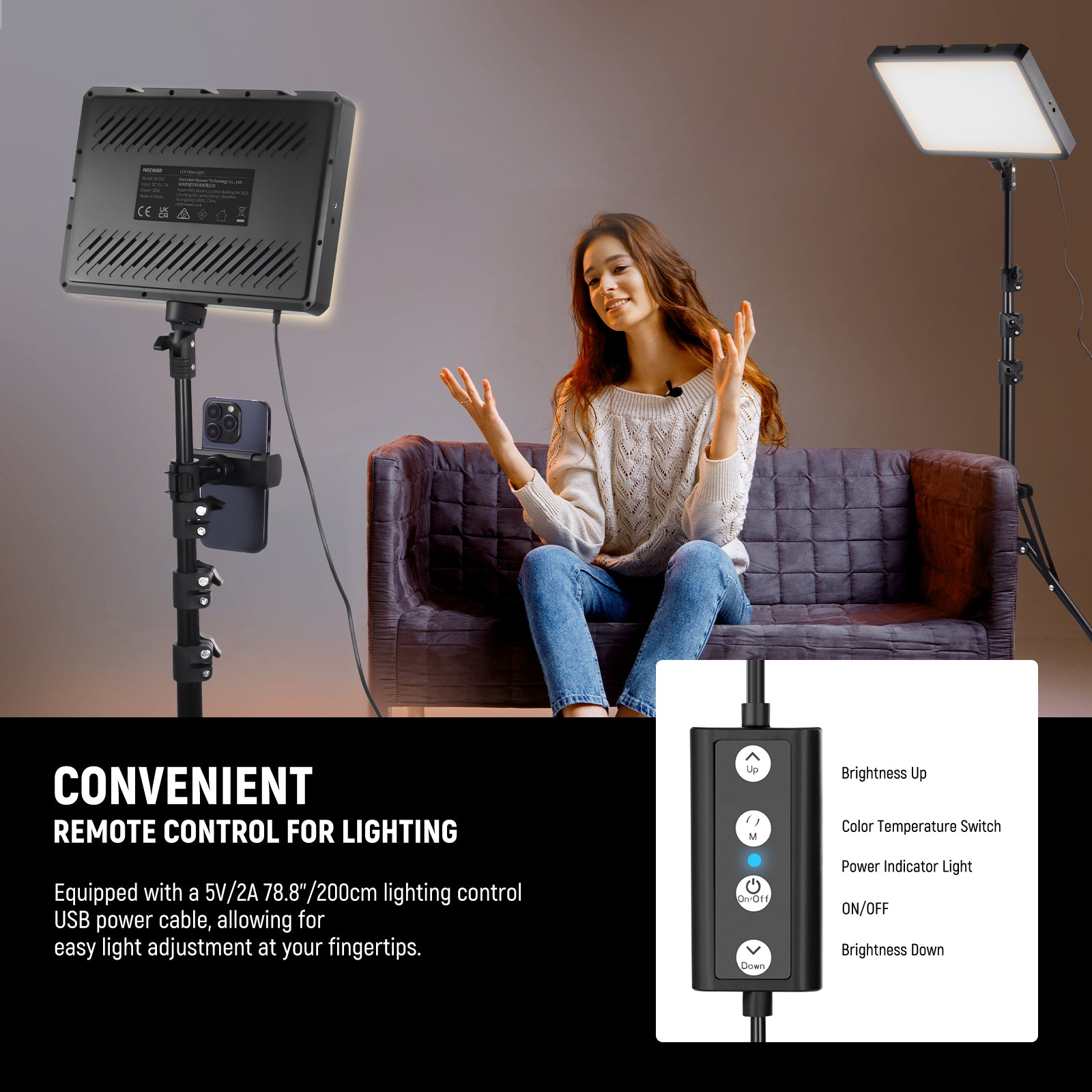 NEEWER 2 Pack BP300 Bi-Color LED Video Light Kit is convenient to control.