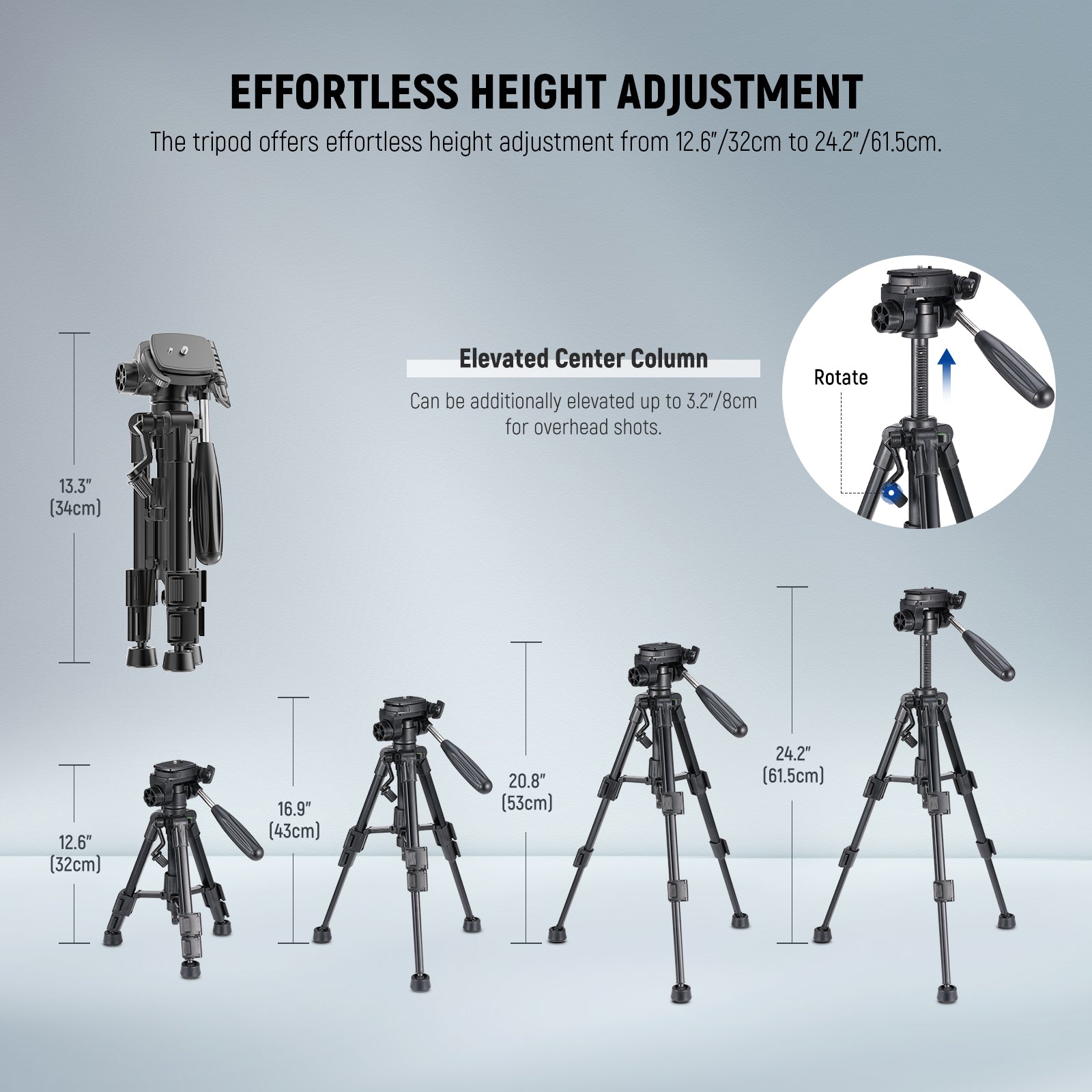 This mini tripod offers effortless height adjustment.