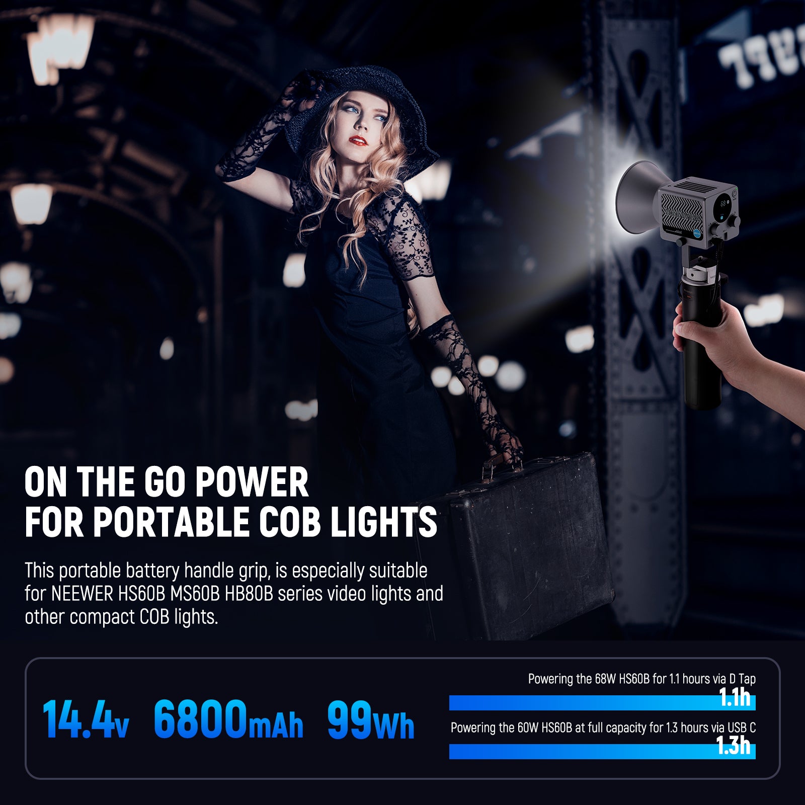 This portable handgrip battery is especially suitable for NEEWER HS60B HS60C video lights or other compact COB lights