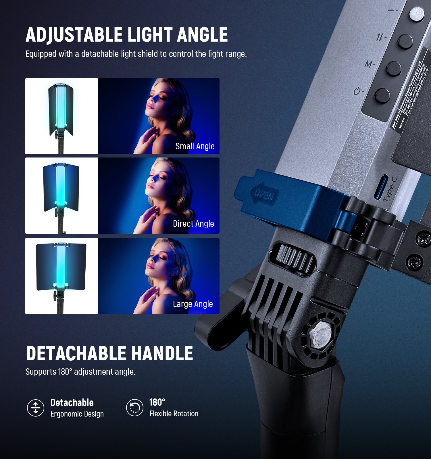 NEEWER RGB2 LED Tube Light Stick with Metal Barndoor supports 180° adjustment angle.