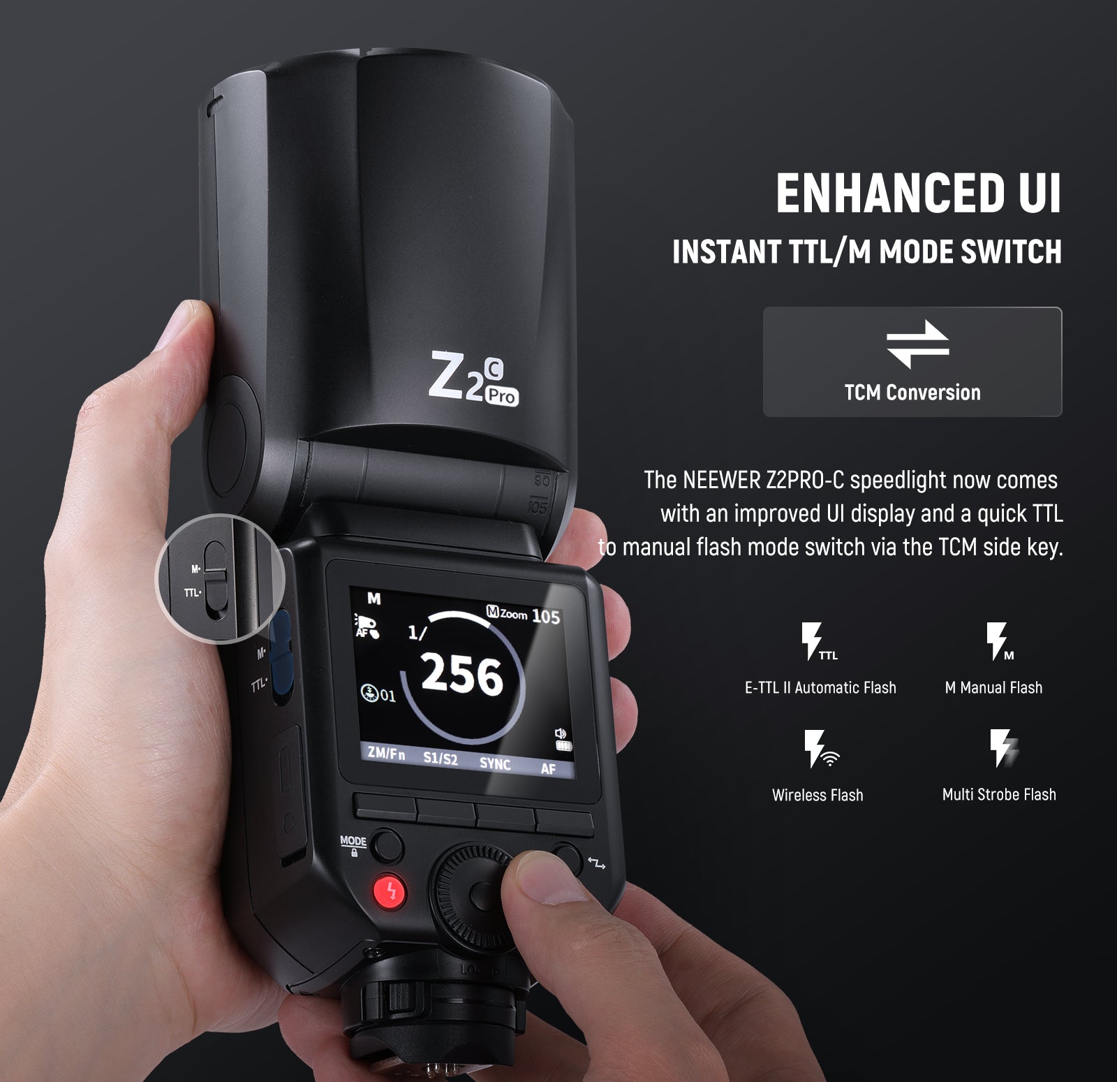 NEEWER Z2PRO Round Head Speedlite Flash comes with an improved UI display.