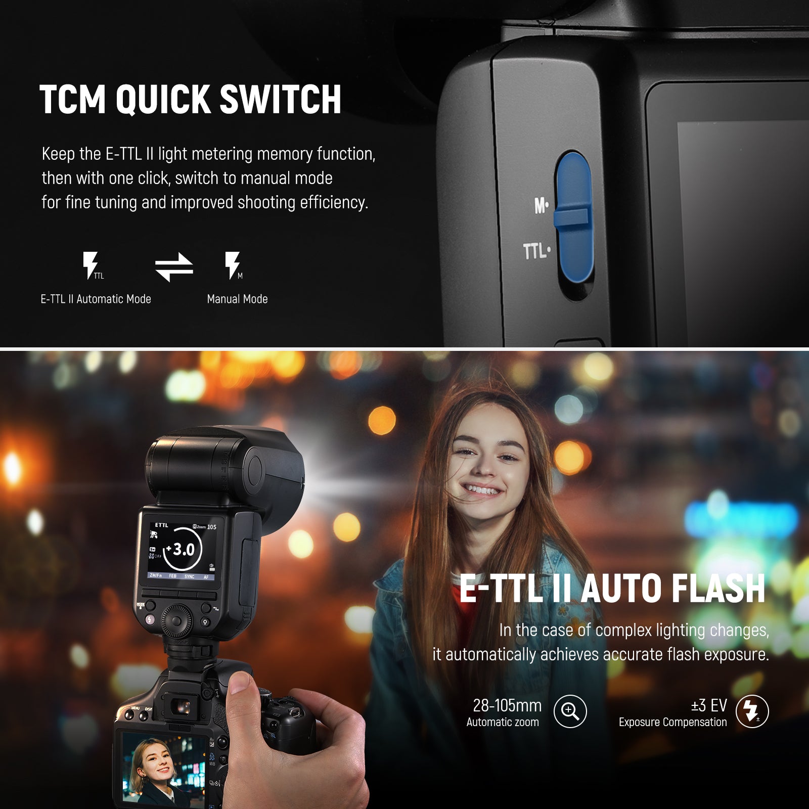 This NEEWER Z2-C speedlight features an upgraded UI and a TCM key