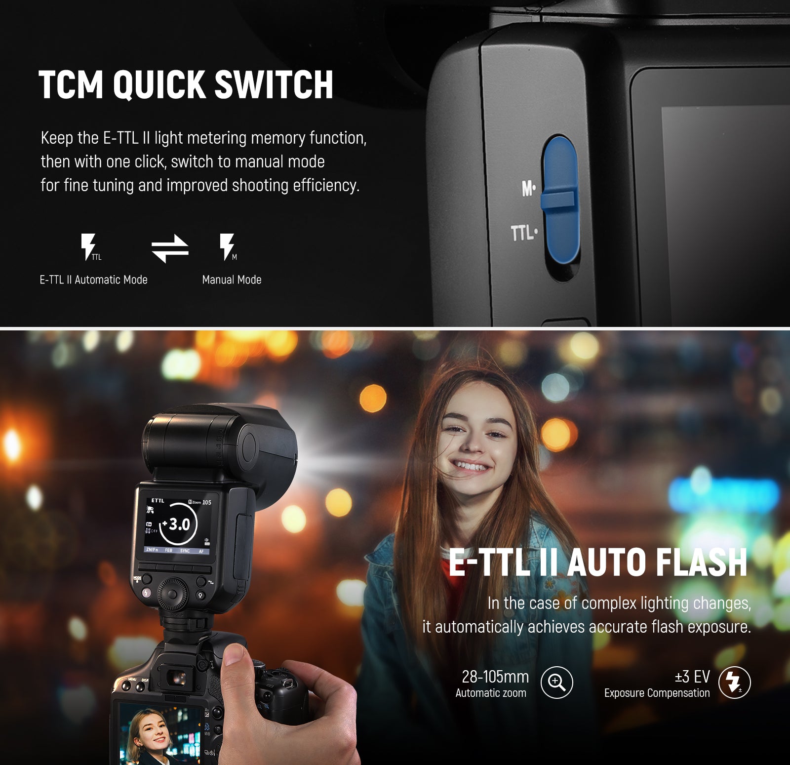 This NEEWER Z2-C speedlight features an upgraded UI and a TCM key