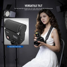 The flash head tilts vertically from -10° to 90° using the side dial.