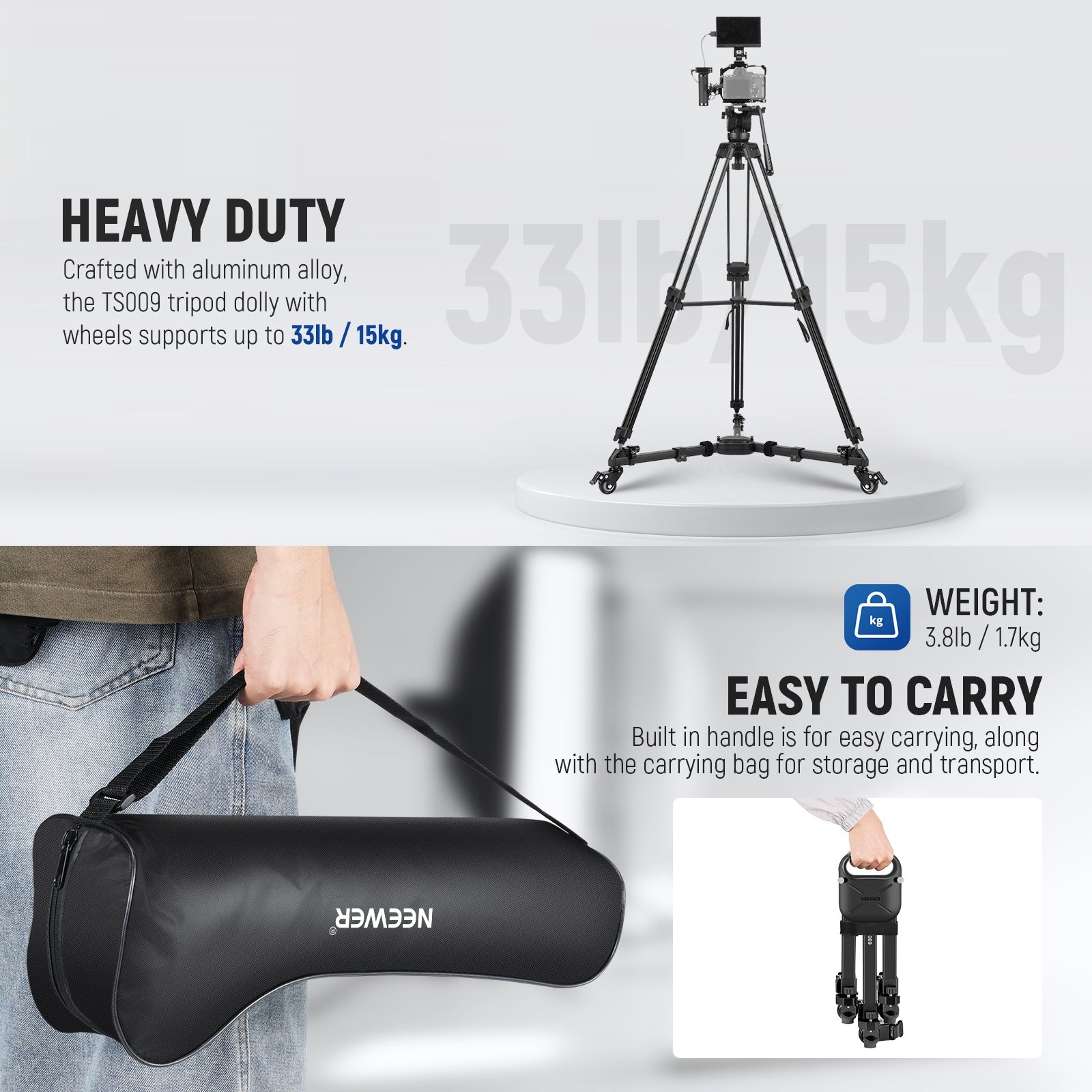 NEEWER TS009 Photography Tripod Dolly Kit is easy to carry.