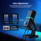 Briefly press Model button to switch gain control on microphone and headphones